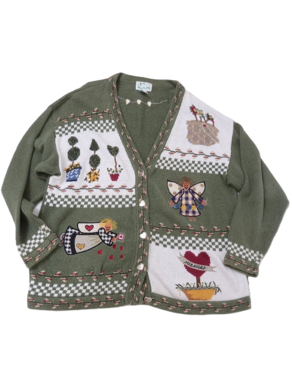 The Quacker Factory Women Size LG Garden Angel Miracles Green Cardigan Sweater